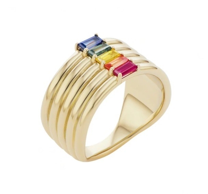 18K Gold Plated Rainbow Baguette Cut CZ Multi Fashion 925 Sterling Silver Women Rings