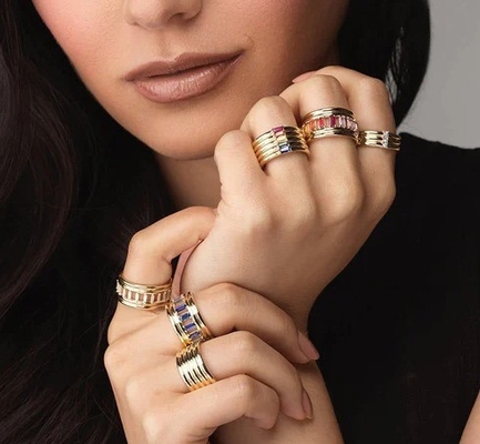 18K Gold Plated Rainbow Baguette Cut CZ Multi Fashion 925 Sterling Silver Women Rings