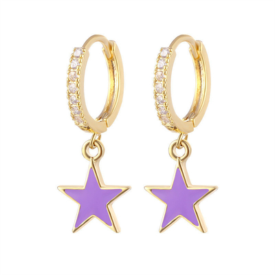 Colorful Enamel Star Hoop Earrings Real 925 Sterling Silver Earrings Rhodium Plated
