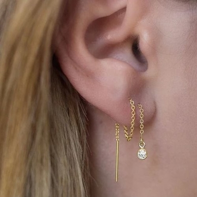925 Sterling Silver Simply 18K Gold Plated Women's Bezel Drop Chain Threader Earring