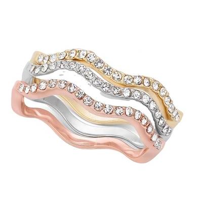 3 Pieces Pave Ring Set Rhodium Plated Wave Ring Sterling Silver
