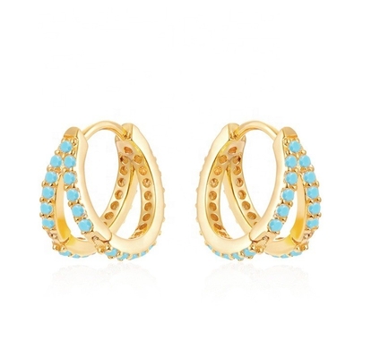 Rhodium Plating Double Turquoise 925 Sterling Silver Cubic Zirconia Earring for Women