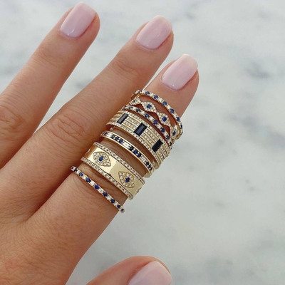Blue Sapphire White CZ Eye Women Eternity Band Brass Eternity Ring For Women