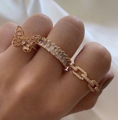 925 Sterling Silver Curb Link Chain Ring 18K Women Cubic Zirconia Rings