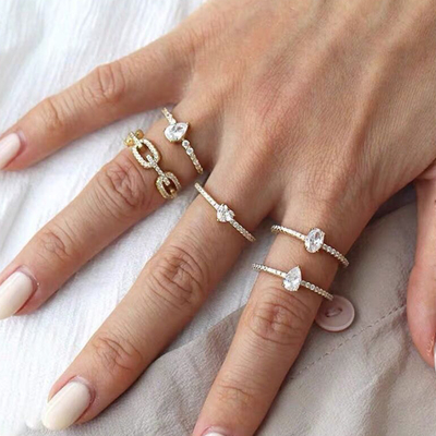 925 Sterling Silver Curb Link Chain Ring 18K Women Cubic Zirconia Rings