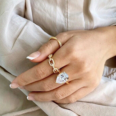 925 Sterling Silver Curb Link Chain Ring 18K Women Cubic Zirconia Rings