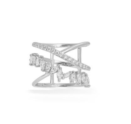 Party Statement Piece Sterling Silver Rhodium Plated Zig Zag Diamond Ring For Women