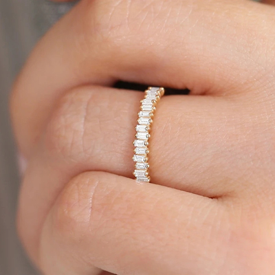 925 Sterling Silver CZ Diamond Baguette Women's Eternity Ring with Yellow Gold Plating
