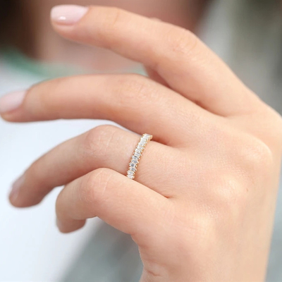 925 Sterling Silver CZ Diamond Baguette Women's Eternity Ring with Yellow Gold Plating