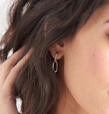 Wedding Occasion Simple Silver Cable Link Stud Earring 30mm Height Elegant Design