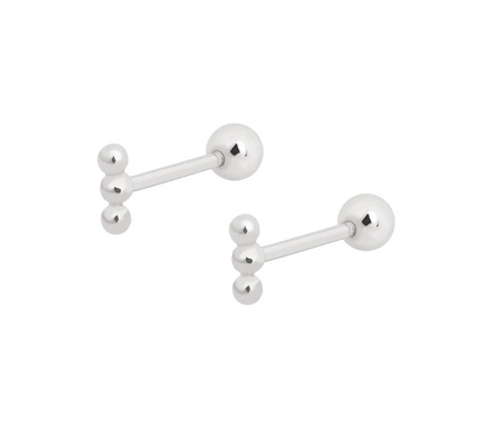 Mini Beaded Barbell Silver Stud Earring with Screw Back 925 Sterling Silver