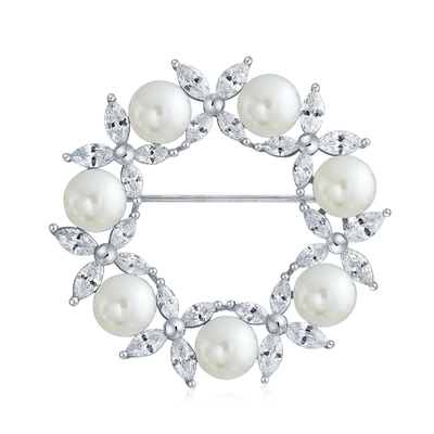 Gold Plated Leaf Circle White Pearl Brooch 925 Silver Luxury Brooches For Women
