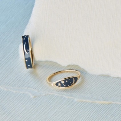 Handmade 18K Gold Plated Midnight Blue Enamel 925 Sterling Silver Round Brilliant CZ Stacking Ring for Girls