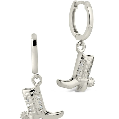 Cowboy Boot Micro Delicate Brass Drop Earrings White CZ Stone Brass Dangle Earrings