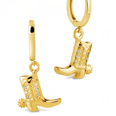 Cowboy Boot Micro Delicate Brass Drop Earrings White CZ Stone Brass Dangle Earrings