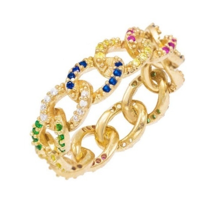 925 Sterling Silver Eternity Link Chain Band Women Rings Classic Cuban Style with ZIRCON