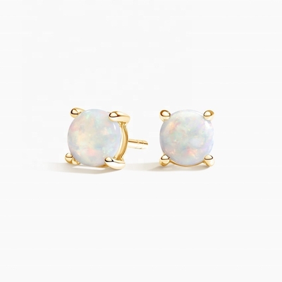 18K Gold 6MM Solitaire Opal Stud Earrings For Women And Girls Fine Jewelry