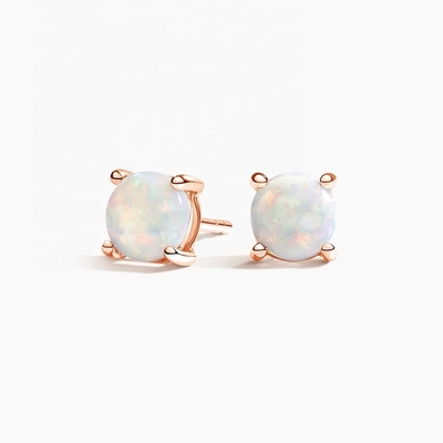 18K Gold 6MM Solitaire Opal Stud Earrings For Women And Girls Fine Jewelry
