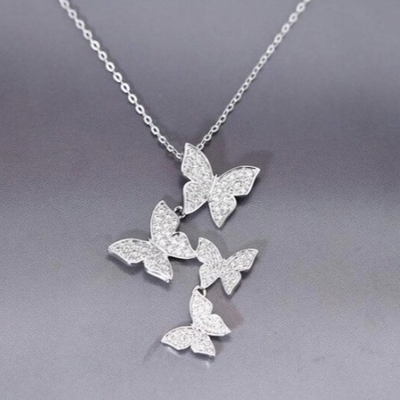 925 Sterling Silver White Gold Plated Micron Pave 4 Butterflies Charm Pendant For Women
