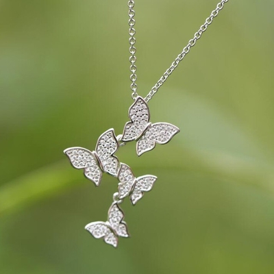 925 Sterling Silver White Gold Plated Micron Pave 4 Butterflies Charm Pendant For Women
