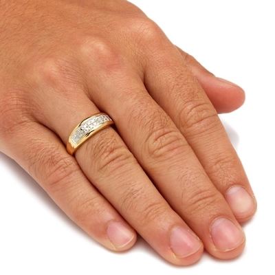 Silver / Brass Men's Prong Set Diamond Wedding Ring In 18k Gold Plating With Pave Diamonds