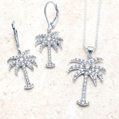 925 Sterling Silver Women'S Drop Earrings With Palm Tree Design And Zircon White CZ Diamond