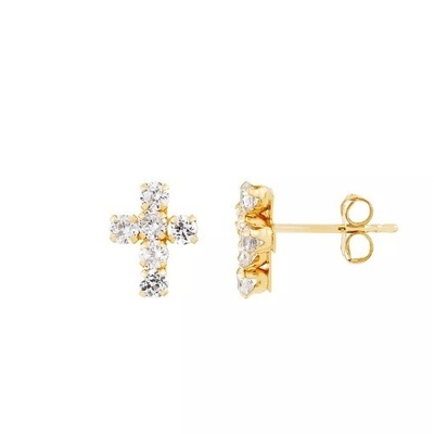 925 Sterling Silver White Cubic Zirconia Cross Button Stud Earrings with 18K Gold Plating