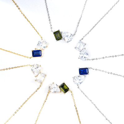 Hot Selling 925 Silver Cushion Cut Sapphire and Rectangle Cut White Zircon Color Block Zirconia Double Stone Pendant Necklaces