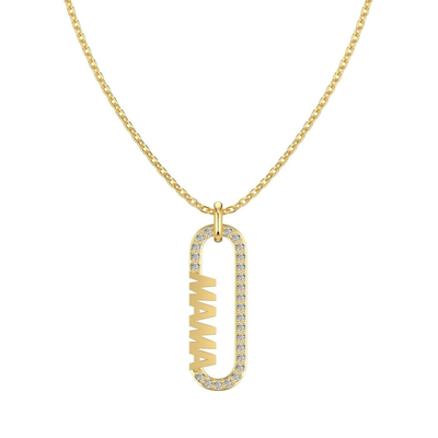 18k Gold Mom paperclip Pendant Necklace in 925 Sterling Silver