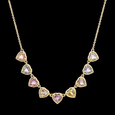 Gold Plated Handmade Heart-Shaped Sapphire & Cubic Zirconia Strand Necklace Elegant Party Jewelry for Women