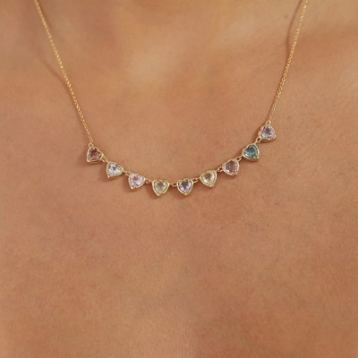 Gold Plated Handmade Heart-Shaped Sapphire & Cubic Zirconia Strand Necklace Elegant Party Jewelry for Women