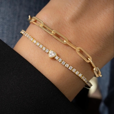 925 Sterling Silver 14K Gold Plated Heart Tennis Bracelet with Zircon