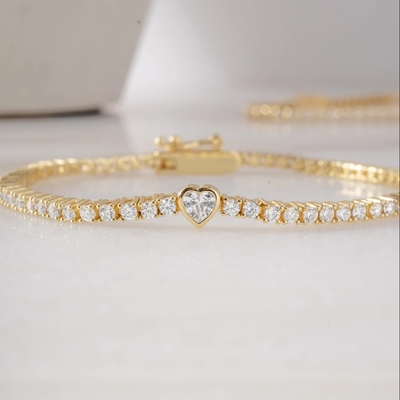 925 Sterling Silver 14K Gold Plated Heart Tennis Bracelet with Zircon