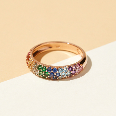 18K Gold Plated Rainbow Zircon 925 Sterling Silver Cluster Ring