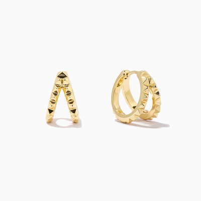 Unique 18K Gold Plated Pyramid 925 Sterling Silver Double Huggies Earrings Chunky Waterproof Jewelry