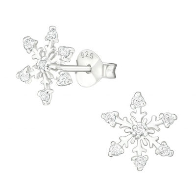 925 Sterling Silver Rhodium Plated CZ Snowflake Stud Earrings 2g