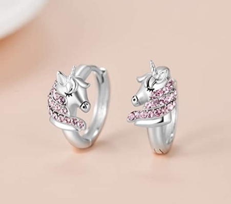 925 Sterling Silver Unicorn Huggie Earrings 16mm Pink CZ for Kids