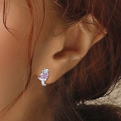 925 Sterling Silver Unicorn Huggie Earrings 16mm Pink CZ for Kids