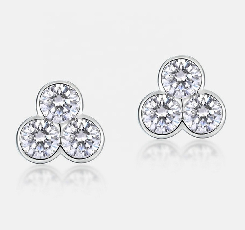 S925 Silver Three Stone Stud Earrings with Rhodium Plating For Women And Girls Fine Jewelry