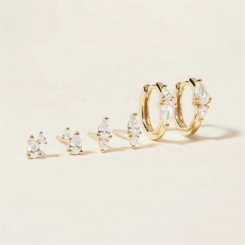 Trendy 18K Gold Plated White Cubic Zircon 925 Sterling Silver Stud &amp; Huggies Set Earrings