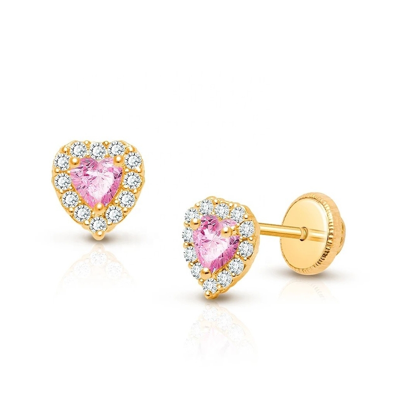925 Sterling Silver Heart Shaped Pink & White CZ Stud Earrings with Pave Setting for Children's Fine Jewelry