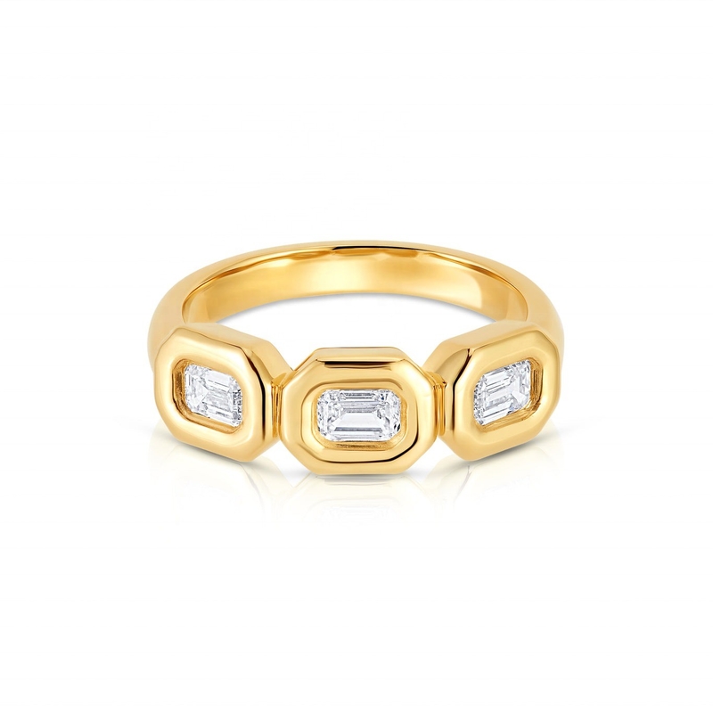Handmade Silver Triple Emerald Ring with AAA Zircon Stone and 14K Gold Bezel Setting