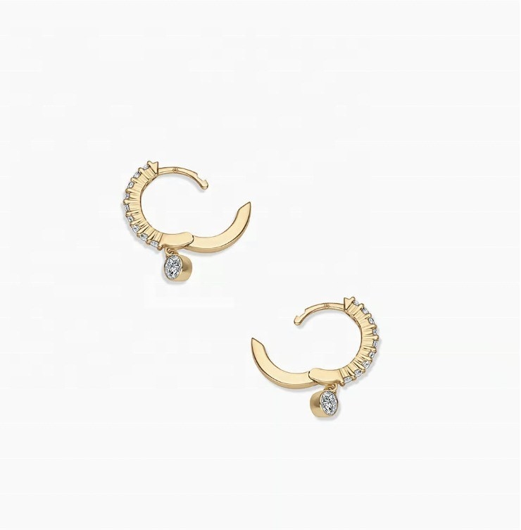 Trendy 14K Gold Plated Zircon Drop Pave Huggie Earrings with 9.5 mm Profile Diameter and 12 mm Total Drop