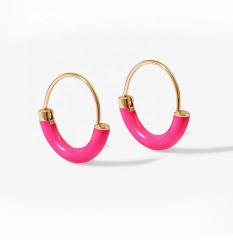 925 Sterling Silver EARRINGS 18MM Dia Hoops with Hot Pink Enamel and 18K Gold Plating