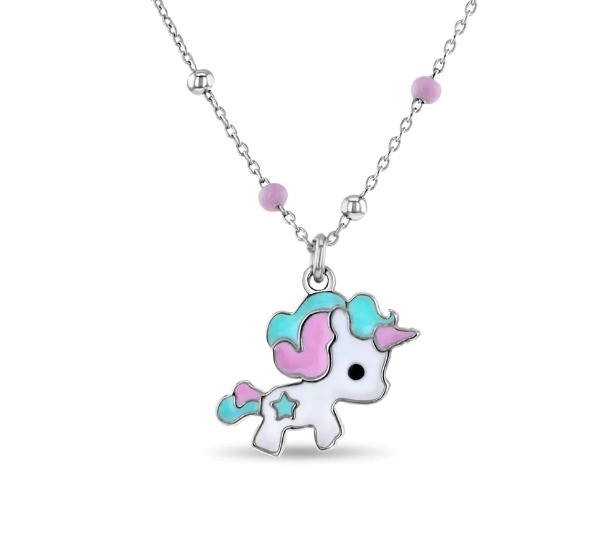 Kids Enamel Unicorn Pendant Necklace 925 Sterling Silver White Gold Plated