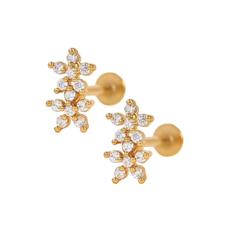 Classic Style Double Flowers Ball Back Flat Back 925 Sterling Silver Earrings for Girls