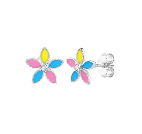 Yellow Enamel Multi Color Flower Stud Earrings 925 Sterling Silver Flower Studs