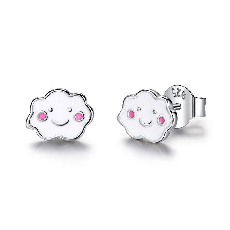 Rhodium Plated 925 Silver Clouds Enamel Stud Earrings for Baby Children Little Girl