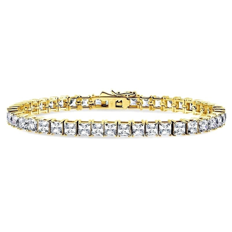 Unisex Handmade 18K Gold Hip Hop Iced Square Cut Diamond CZ 925 Sterling Silver Stacking Tennis Bracelet
