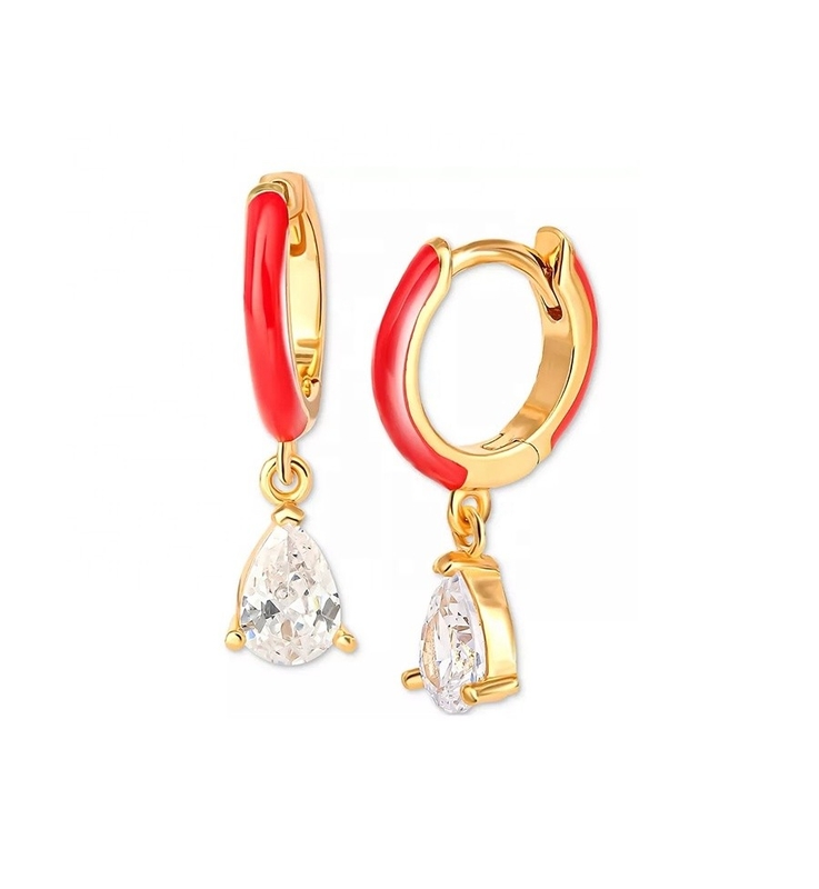 18k Gold-Plated Sterling Silver Earrings with Cubic Zirconia Red Enamel Dangles in Blue and Purple